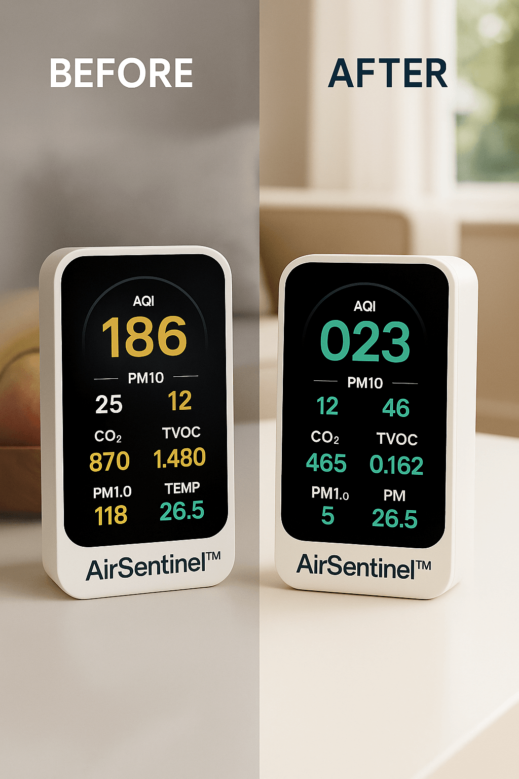 AirSentinel™ Ultimate Value Pack showing before and after air quality monitor screens with significant improvement in AQI, CO2, and TVOC levels.