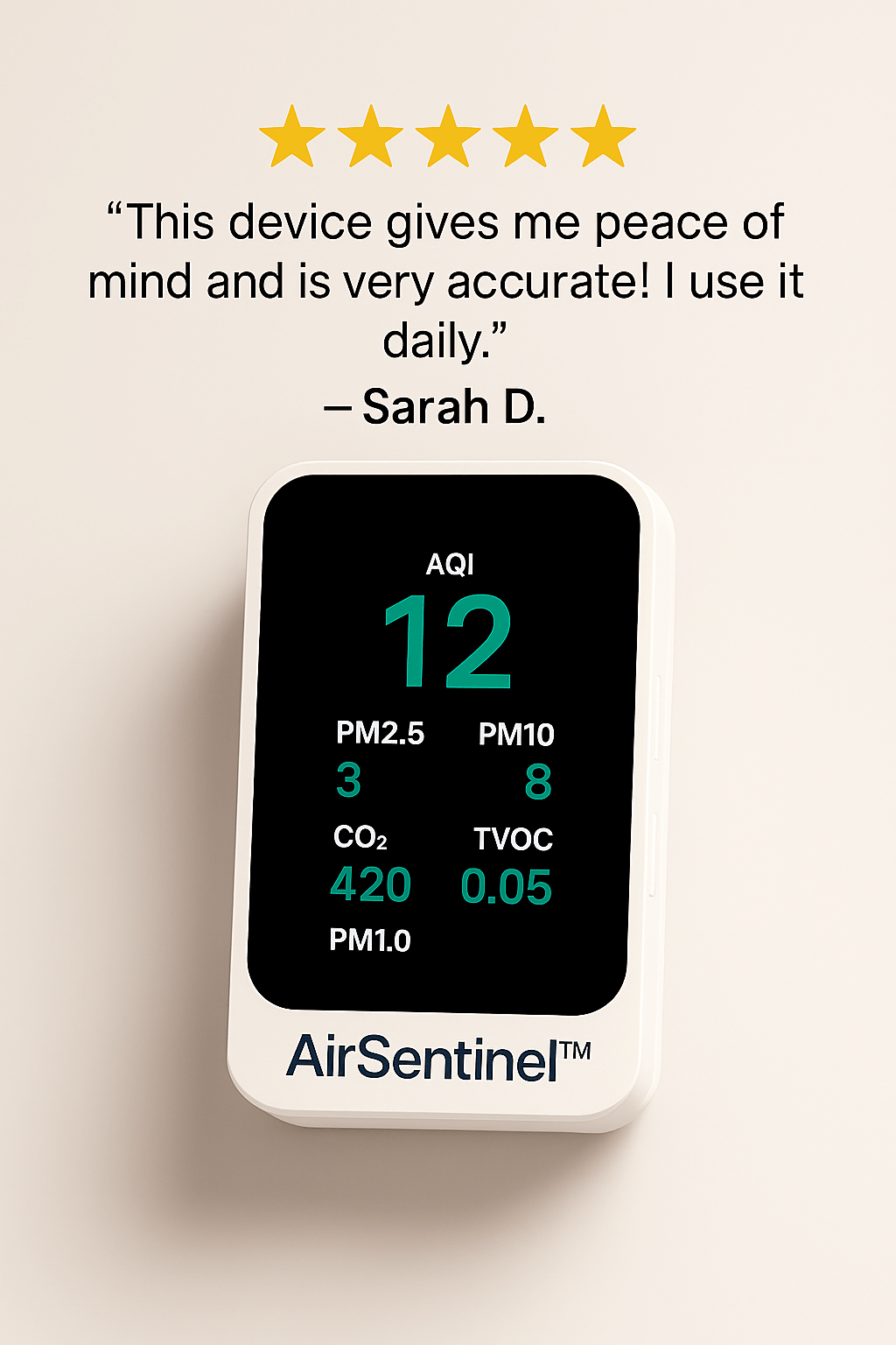 AirSentinel™ Ultimate Value Pack air quality monitors displaying real-time PM2.5, CO2, and VOC levels with user testimonial on accuracy and peace of mind.
