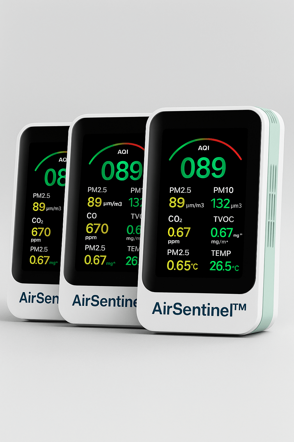 AirSentinel™ Ultimate Value Pack 3 air quality monitors displaying PM2.5, CO2, VOC, and temperature readings for multiple room coverage.