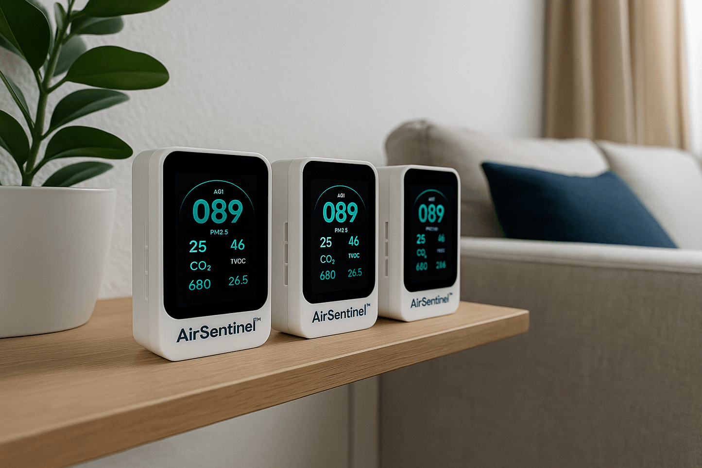 AirSentinel™ Ultimate Value Pack 3-pack air quality monitors showing PM2.5, CO2, VOC, and temperature readings on wooden shelf in modern living room
