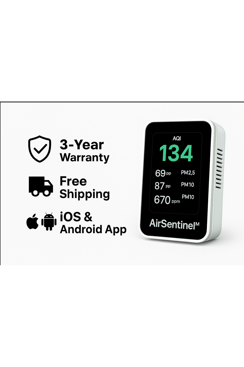 AirSentinel™ Ultimate Value Pack with 3 air quality monitors showing real-time PM2.5, CO2, VOC, and temperature readings, featuring 3-year warranty, free shipping, and iOS & Android app compatibility.